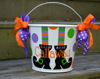 5 QT Halloween Trick or Treat Bucket w/Handles/Personalized/White with Witches Feet /Many Designs to Choose From