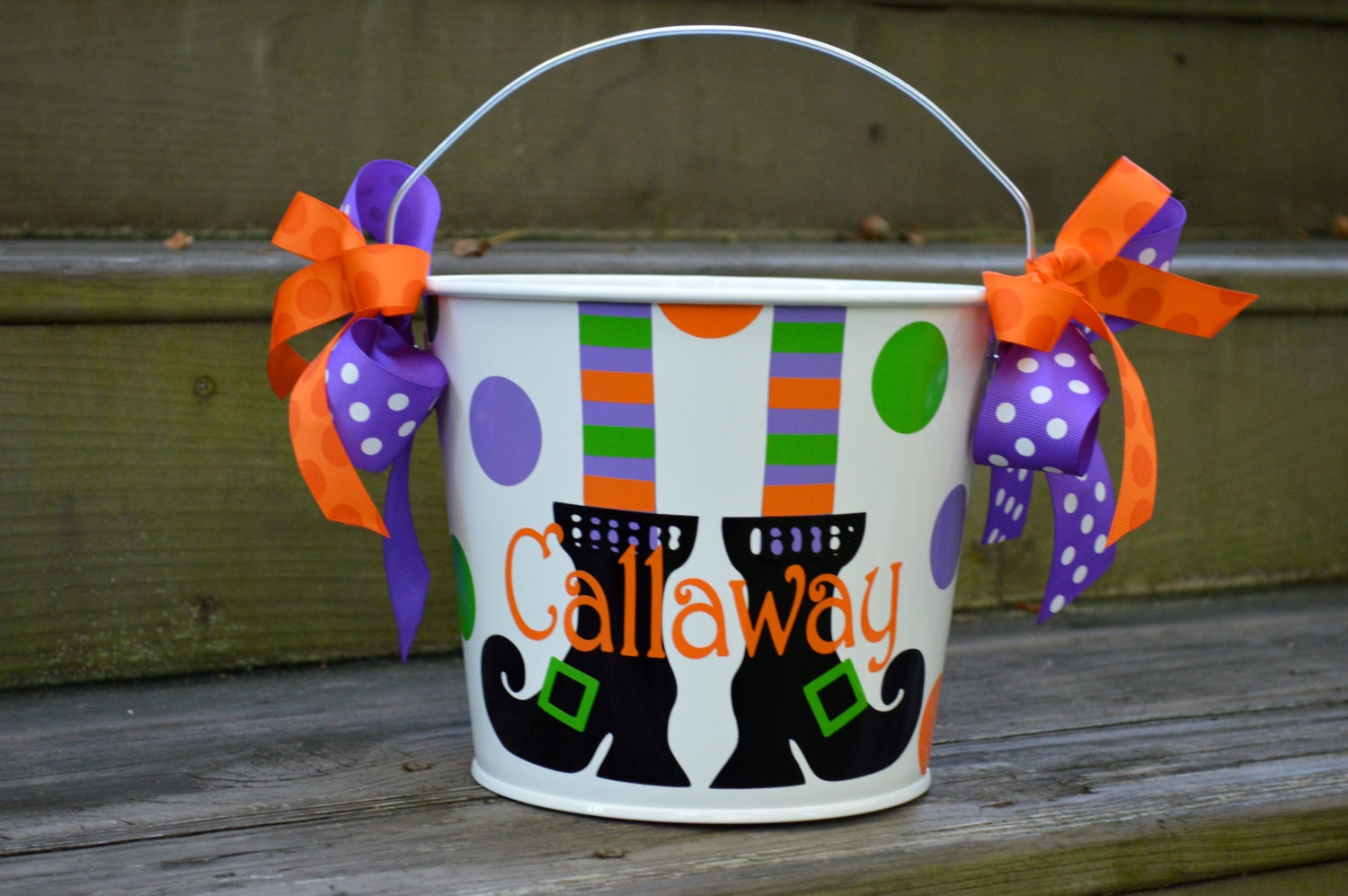 5 QT Halloween Trick or Treat Bucket w/Handles/Personalized/White with Witches Feet /Many Designs to Choose From
