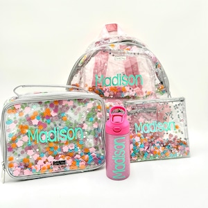 SALE | 4 Piece Set Personalized Flower Shop Clear Confetti Backpack, Lunchbox, Zipper Pouch & Glitter Water Bottle | 2 Backpack Size Options