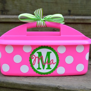 Personalized Hot Pink Shower Caddy with Polka Dots with Name/Initial; Perfect Graduation Present; Also great gift for a Teacher&#39;s Classroom
