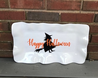 SALE - Happy Halloween Melamine Medium Rectangle Platter with Witch/Broom Design; Ready to Ship; Halloween Decor; Halloween Serving Tray