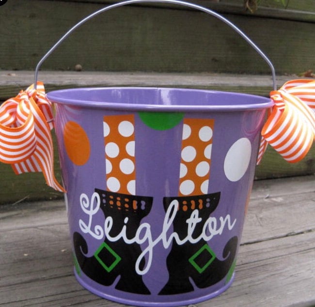 5 QT Halloween Trick or Treat Bucket w/Handles/Personalized/White with Witches Feet /Many Designs to Choose From