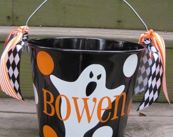 Personalized Black with Ghost 5QT Halloween Trick or Treat Bucket w/Handles; Many Designs to Choose From