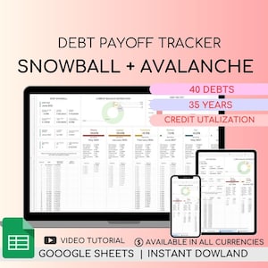 Rastreador de pago de deudas Calculadora de avalancha de bola de nieve de deuda Hojas de cálculo de Google Pago de préstamos de tarjetas de crédito Planificador gratuito de deudas Tasa de utilización de crédito