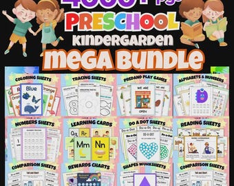 Könnte beinhalten: Ein farbenfrohes Bildungs-Mega-Bundle für Vorschule und Kindergarten mit Mal-, Zeichen- und Leseblättern. Enthält Arbeitsblätter für Alphabete, Zahlen und Formen. Der Bildtext lautet "4000+ pgs" und "MEGA BUNDLE".