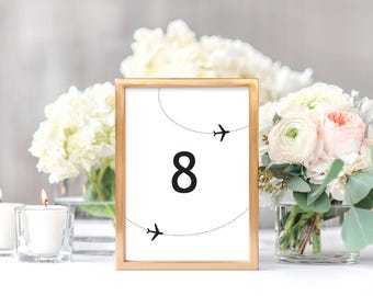 plane travel table numbers - printable file - come fly with me aviation wedding, come fly with me destination wedding table cards decoration