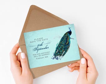peacock wedding save the date - PRINTABLE diy - rustic engagement announcement, teal customised wedding stationery, elegant postcard design