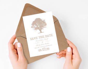 rustic save the date postcard oak tree woodland wedding announcement - printable pdf - diy print yourself, forest engagement card plantation