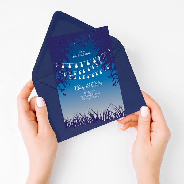 Imprimable "Retenez cette date" pour mariage Garden-Party | Mariage en extérieur et dans la cour | Conception de guirlande lumineuse | Faire-part de mariage jardin du soir