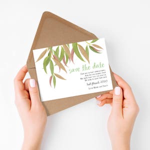 Feuille de chewing-gum pour mariage imprimable, réservez la carte - feuilles d'eucalyptus - faire-part de mariage forêt - mariage Bush australien