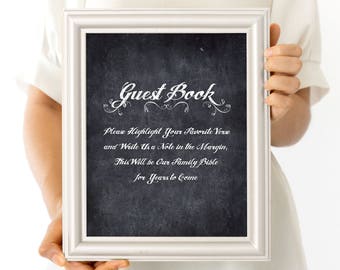 wedding bible guest book instruction sign - printable file - faux chalkboard wedding reception signage highlight verse, Christian religious