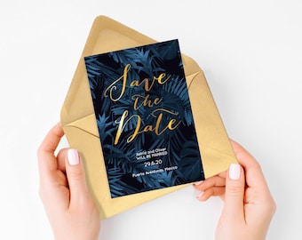 tropical save the date card - luxe palm leaves - faux gold and blue or customised, printable file, beach destination wedding, glam elegant