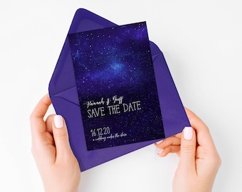 starry night sky save the date stars space - printable - constellation wedding, evening, astronomy, ultra violet and purple galaxy celestial