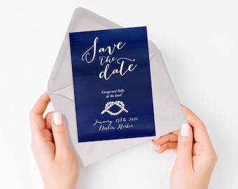 Nautical save the date postcard – tie the knot wedding announcement, printable digital file, navy blue or custom colour