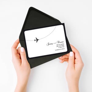 Reserve a data para casamento no destino - PARA IMPRIMIR - aviação de avião, casamento com tema de viagem, em estilo de cartão postal ou etiqueta de bagagem, venha voar comigo