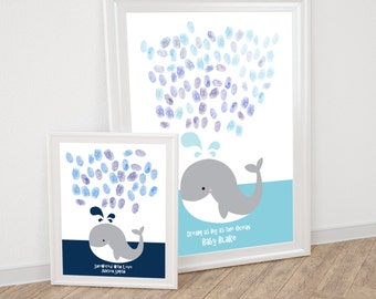 whale fingerprint guestbook - printable file for baby shower or childs birthday thumbprint tree alternative ocean sea animal nursery art diy