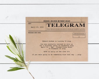 telegram printable birthday invitation digital file vintage rustic old fashioned party invite - milestone birthday 90th 80th 70th 60th 50th