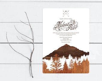rustic mountain printable wedding invitation - woodland wood forest invite stationery brown winter autumn fall trees pine arrows monogram