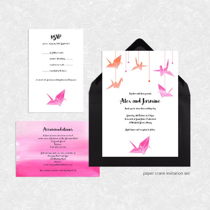 Origami Paper Crane Wedding Invitation Suite Printable File Etsy