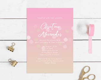 ombré printable wedding invitation - digital file - watercolour effect, diy wedding invite, romantic pastel pretty pink, customised design