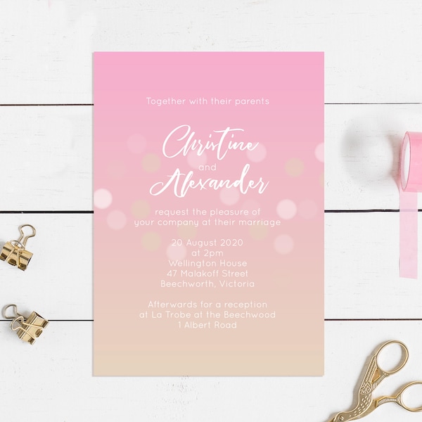 ombré printable wedding invitation - digital file - watercolour effect, diy wedding invite, romantic pastel pretty pink, customised design