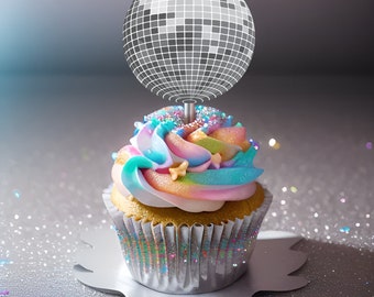silver disco ball party circles - printable party decorations - cupcake topper glitter ball dance birthday party teenager retro