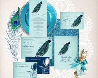 vintage peacock wedding stationery set invitation suite printable files bird feather diy invite reception or ceremony package blue turquoise