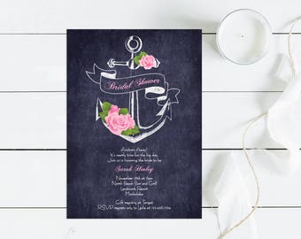 Nautical bridal shower invitation with anchor and roses, chalkboard floral digital invite, printable custom design