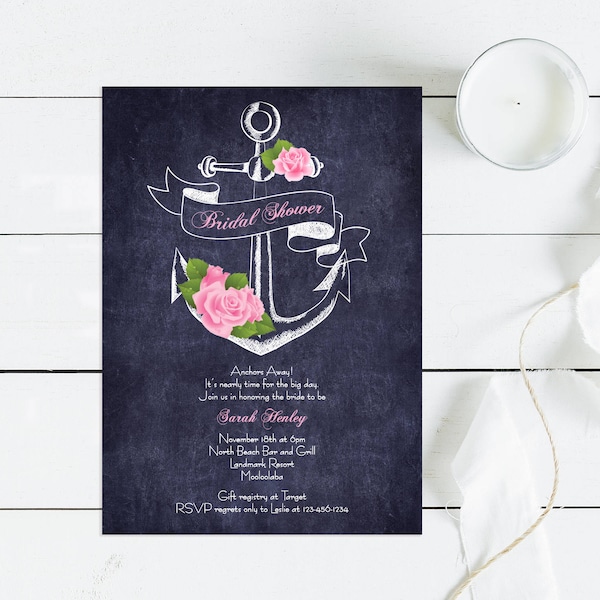 Elegant Nautical Bridal Shower Invitation - Printable PDF, anchor invitation, bridal shower printable, nautical invite, sea themed invite