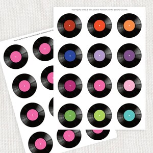May include: A printable sheet of 20 black and white vinyl record party circles with different colored centers. The colors include red, orange, blue, purple, pink, green, and turquoise.