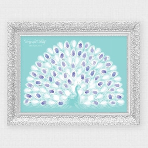 Personalised peacock wedding poster. Printable design for a unique guest book alternative, fingerprint guest sign in custom wedding decor