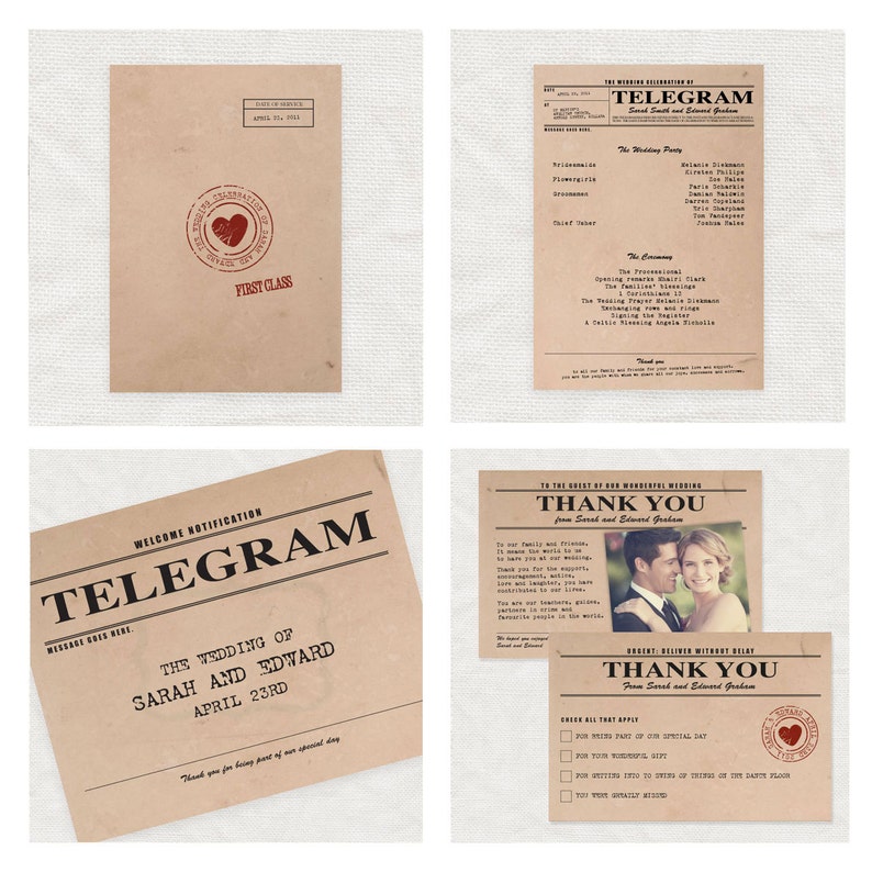 vintage telegram printable wedding stationery set invitation suite 1920s 1930s 1940s invitation, reception or ceremony package, diy invite image 3
