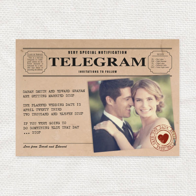 vintage telegram photo save the date or engagement announcement printable file rustic retro, unique, 1920s 1930s 1940s, kraft paper look image 2