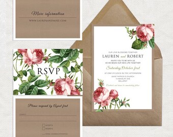 sweet rose wedding invitation suite - rustic floral kraft paper effect printable invite vintage botanical illustration country flowers rsvp