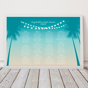 Sitzplan für Hochzeit Strand tropische Nächte, druckbar nach Tisch oder Alphabetisch oder individualisierter Sitzplan Empfang Palmen Lichter
