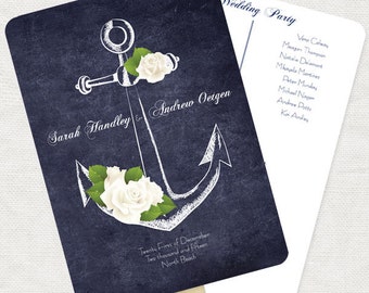 nautical wedding ceremony program fan anchors away - printable customised anchor rose beach boat sea navy chalkboard order of service diy