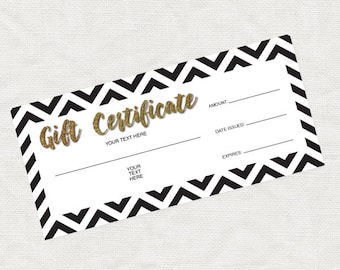 printable gift certificate - gold glitter black chevron christmas business marketing promotion, download editable file last minute gift idea