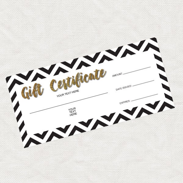 printable gift certificate - gold glitter black chevron christmas business marketing promotion, download editable file last minute gift idea