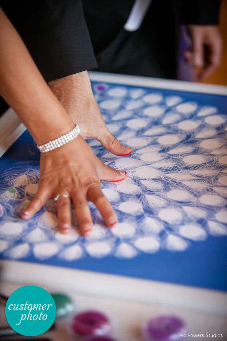 wedding couple leaving thumbprints on a peacock guest book poster