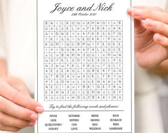 May include: A printable wedding word search puzzle with the names Joyce and Nick and the date 24th October 2020. The puzzle includes words like bride, groom, kiss, love, wedding, and marriage.