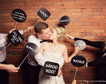 24 wedding photo booth prop signs - diy printable file - chalkboard speech bubbles, photo props, reception fun, instant download funny decor