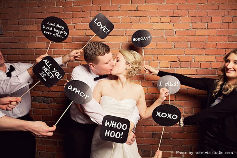 24 wedding photo booth prop signs - diy printable file - chalkboard speech bubbles, photo props, reception fun, instant download funny decor 