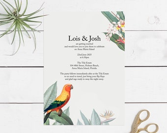 tropical parrot wedding invitation - printable pdf - milestone birthday invitation, summer party invite, destination wedding, beach island