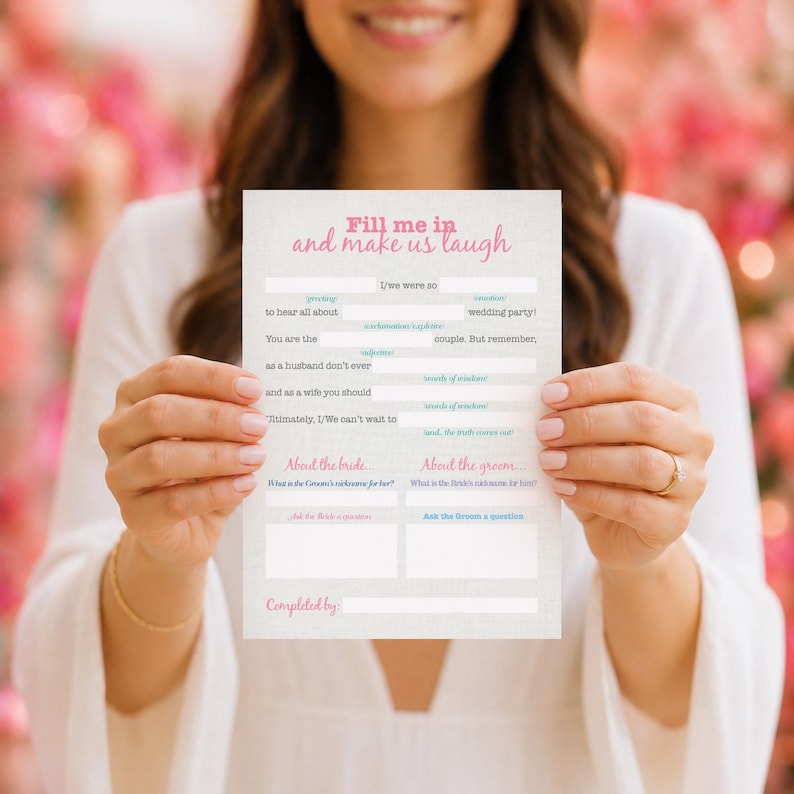 Woman holding wedding mad libs game printable, bridal shower game card, fun wedding reception activity, guest interaction game