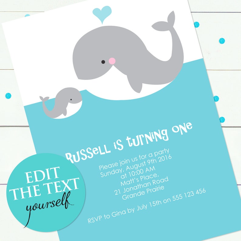 whale baby shower invitation printable file birthday invite party sea blue nautical ocean boy or girl, gender neutral whale themed beach image 2