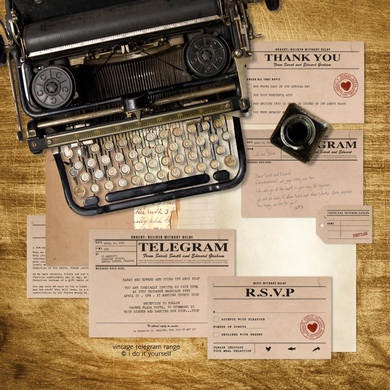 vintage telegram printable wedding stationery set invitation suite 1920s 1930s 1940s invitation, reception or ceremony package, diy invite image 1