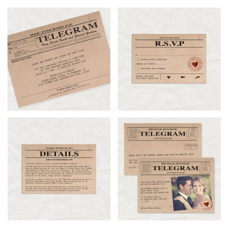 vintage telegram printable wedding stationery set invitation suite 1920s 1930s 1940s invitation, reception or ceremony package, diy invite image 2