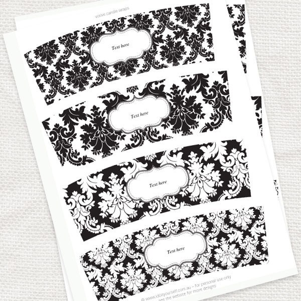 damask candle wraps - printable editable file - black and white votive wrap wedding decoration instant download