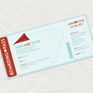 Papier avion carte d'embarquement billet faire-part de mariage imprimable bricolage fichier destination origami anniversaire invitation rouge turquoise rsvp volant mignon