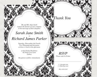 diy wedding invitation template - classic damask printable invitation suite - traditional black and white pattern ornate elegant rsvp demask